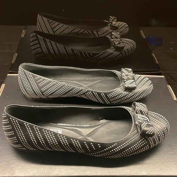 Salvatore Ferragamo black leather flats with silver studds all over. - Picture 2 of 8